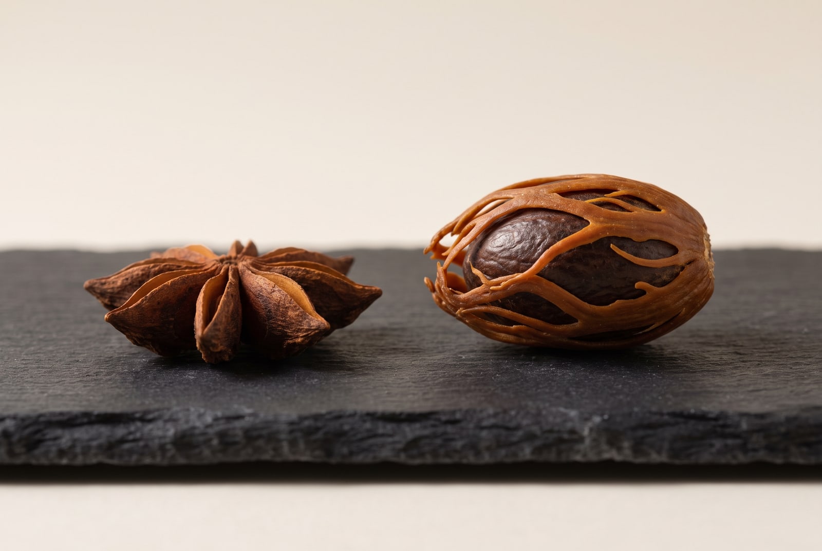 Whole star anise pods beside a whole nutmeg with its lacy red mace, on dark slate, showing how different the two spices look side by side