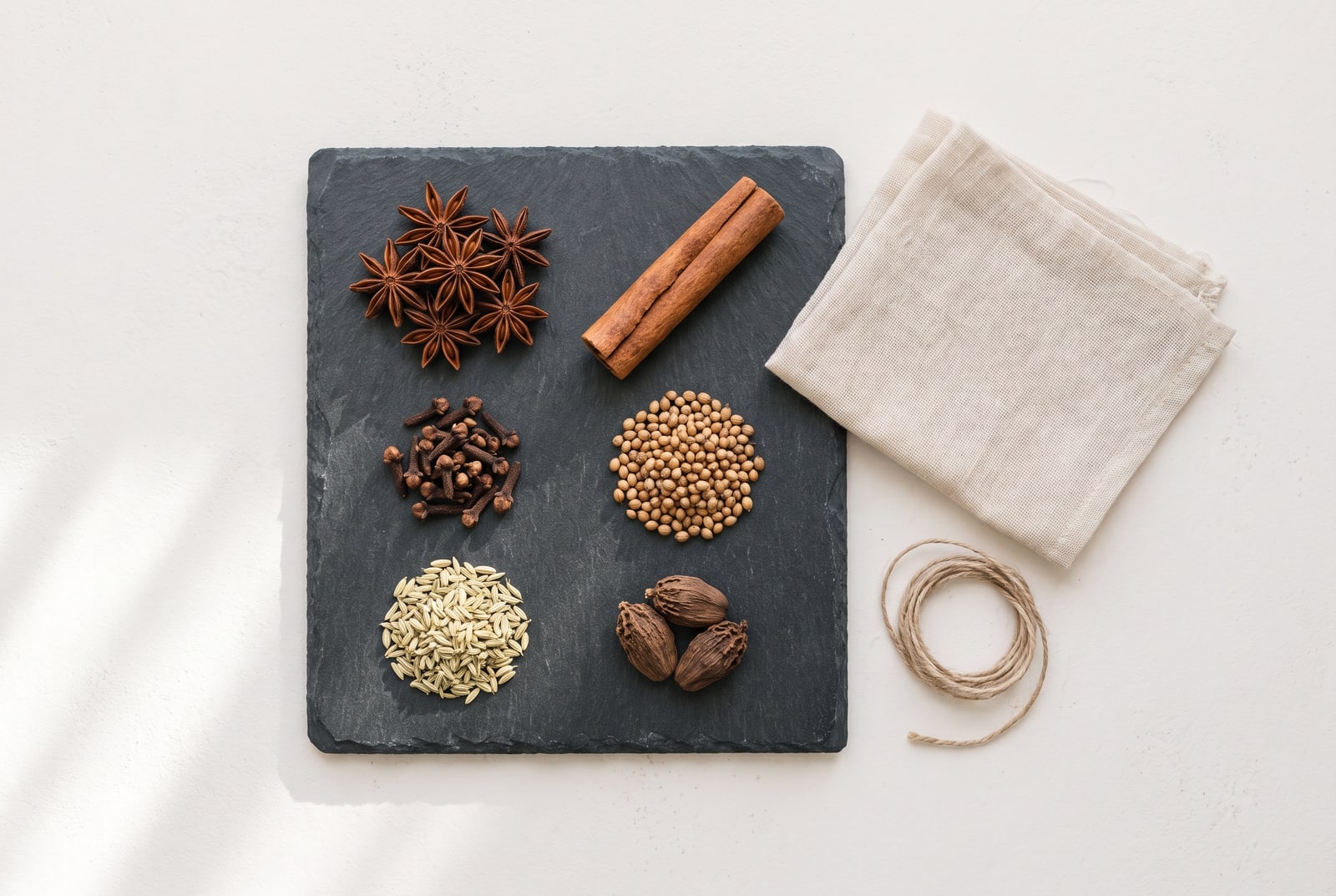 Six whole spices arranged separately on dark slate — star anise pods, a cassia bark piece, whole cloves, coriander seeds, fennel seeds and a black cardamom pod — beside a small dry pan