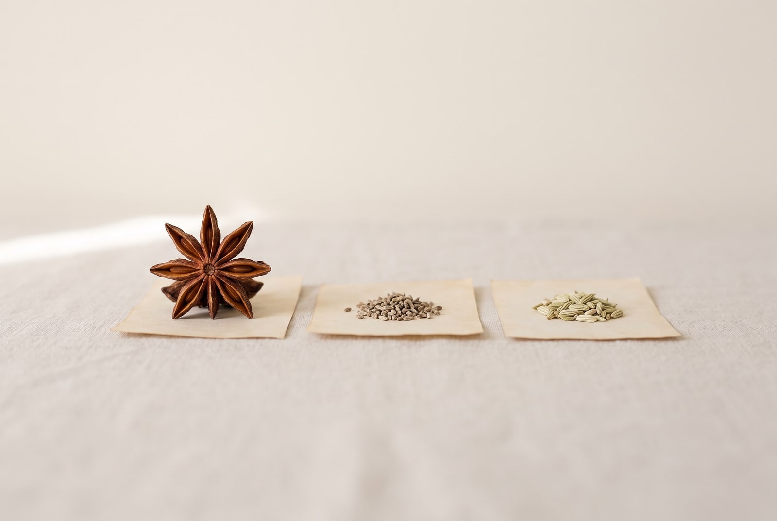 Three spices side by side on pale linen — a whole eight-pointed star anise pod, a small heap of tiny grey-brown aniseed, and a heap of pale green fennel seed — each on its own square of paper