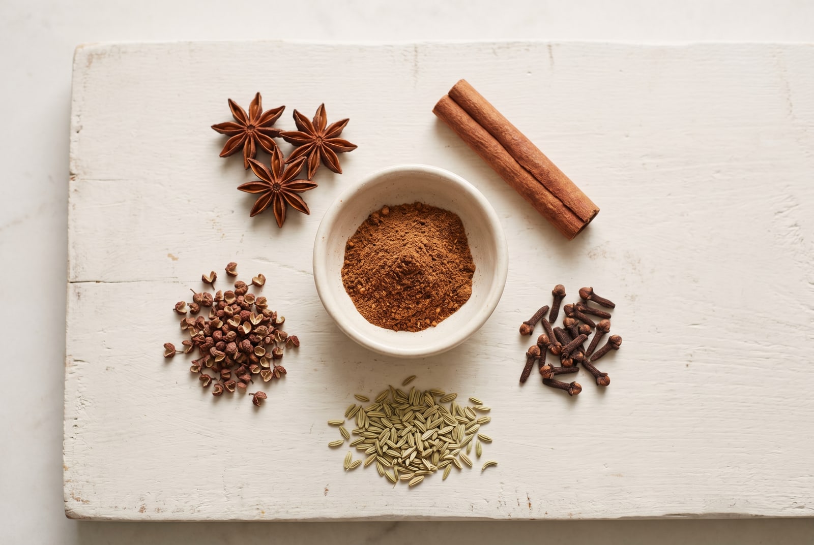 Five whole spices in separate small piles on dark slate — star anise pods, cassia bark, cloves, fennel seed and Sichuan peppercorns — around a bowl of the finished reddish-brown ground blend