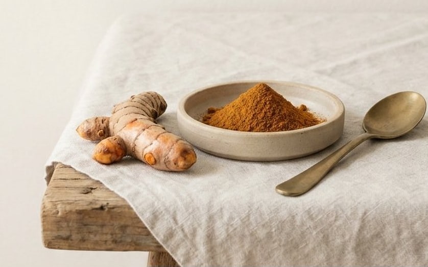 Two fresh turmeric roots beside a shallow dish of bright ground turmeric and a brass spoon, on a linen-covered wooden bench