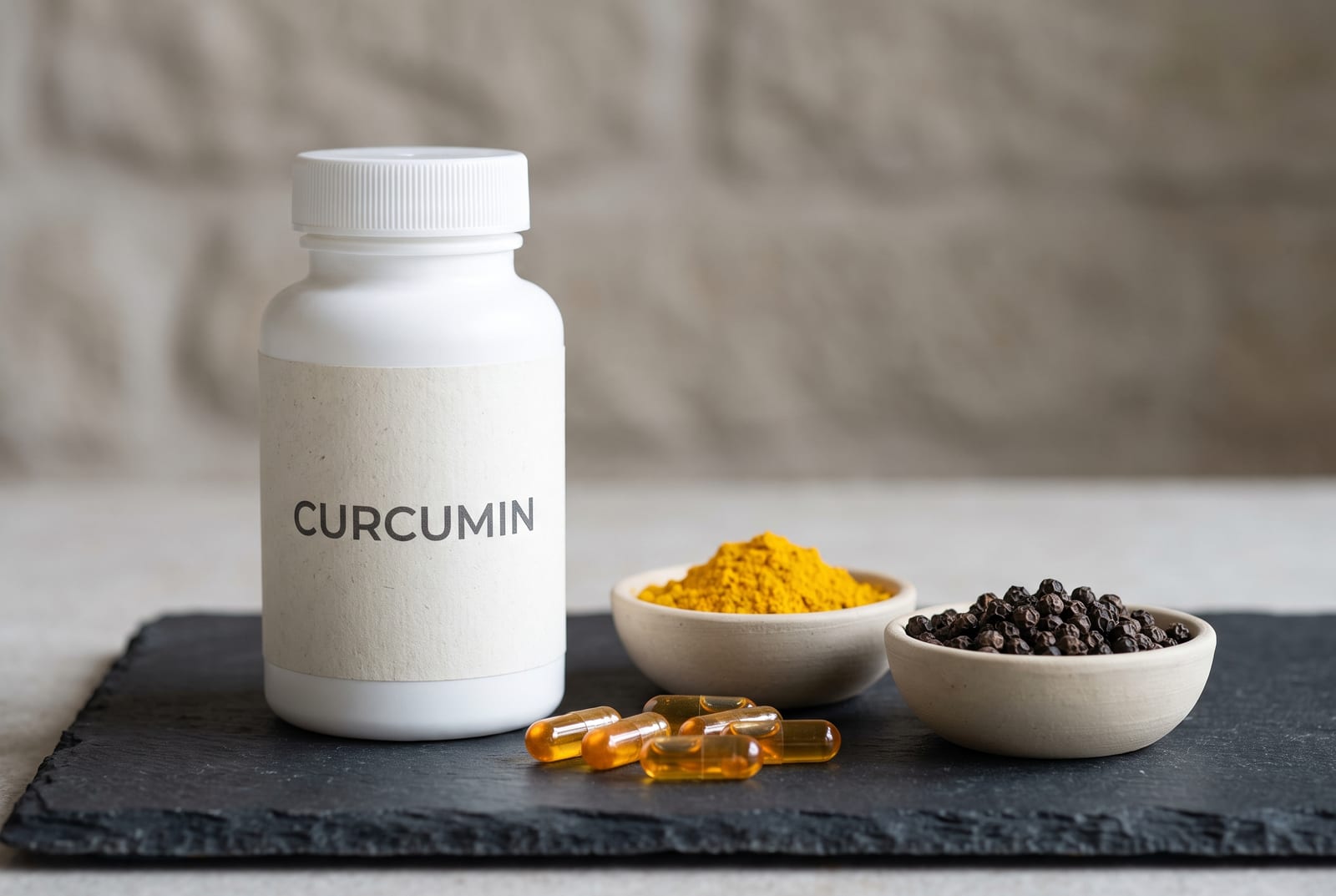 Ground turmeric and amber curcumin softgels beside black peppercorns on dark slate
