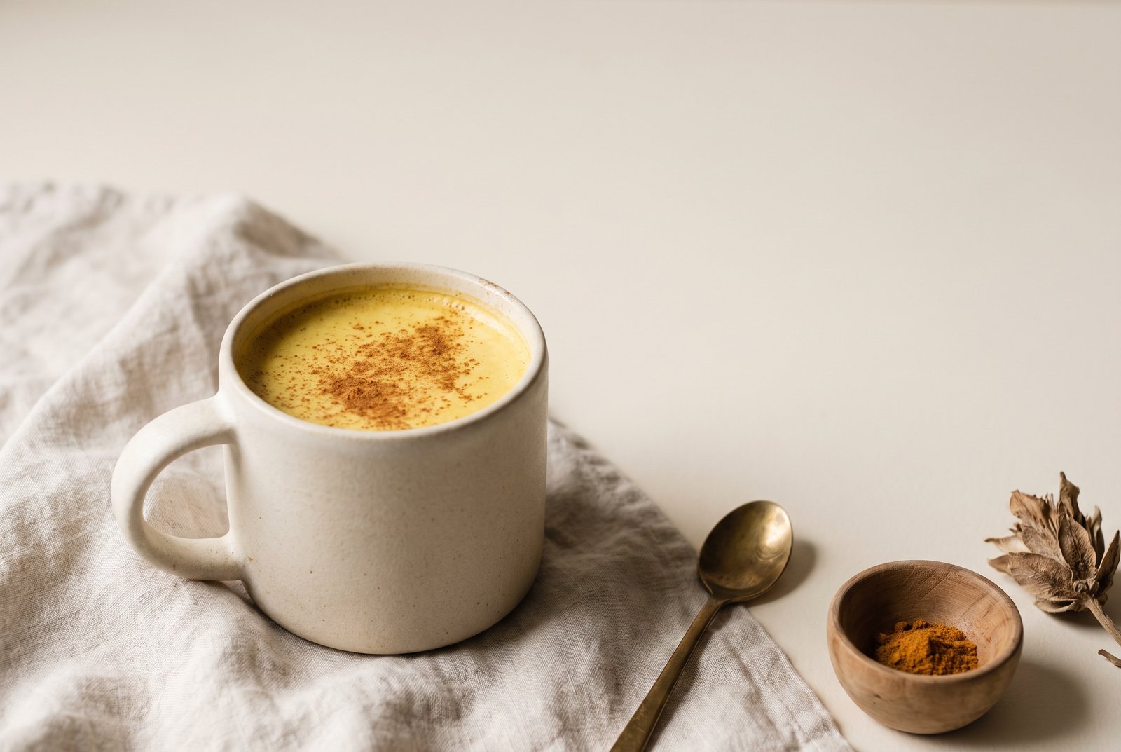 A warm turmeric latte (golden milk) in a ceramic mug dusted with cinnamon