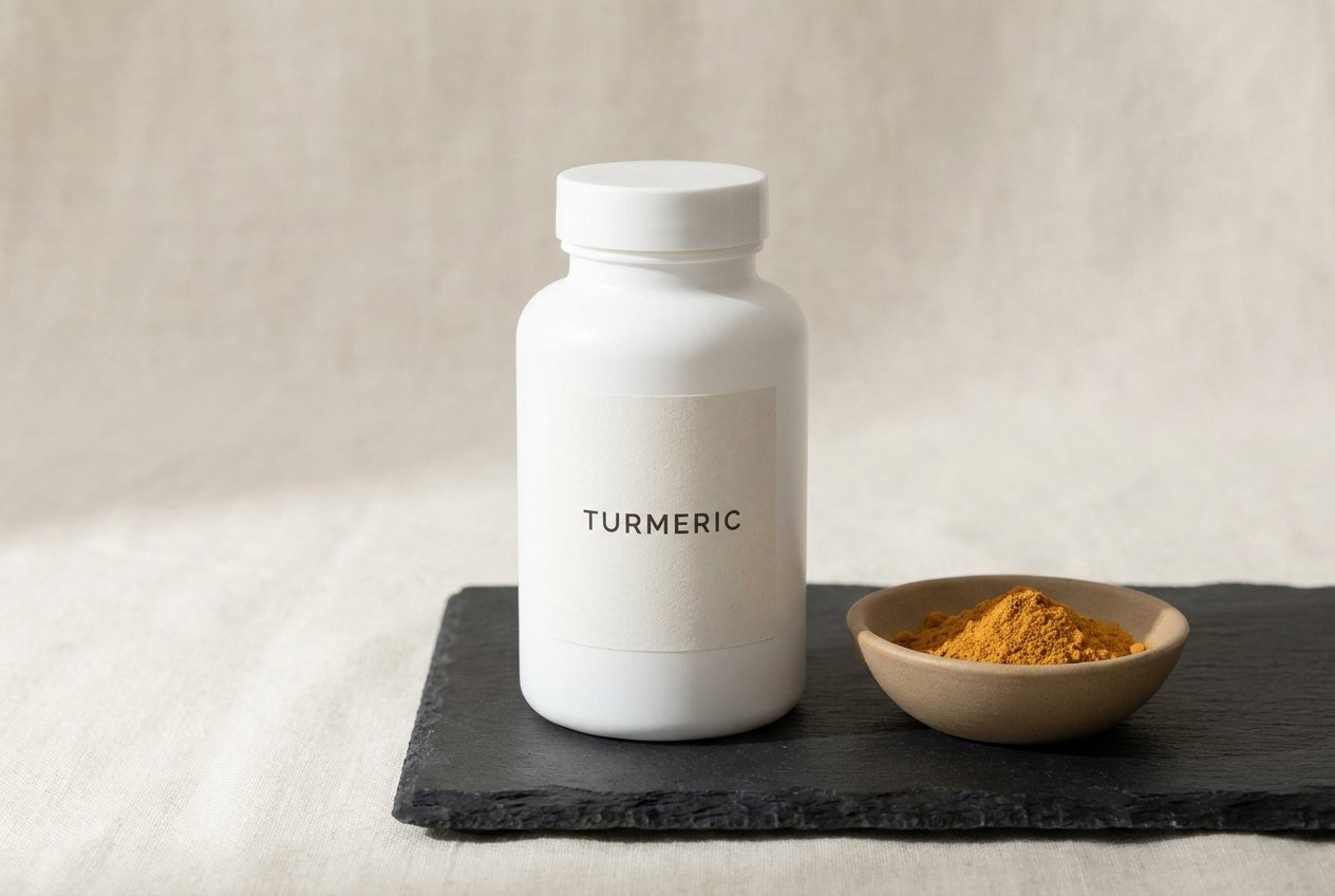 A white supplement bottle labelled TURMERIC beside a small dish of golden turmeric powder, on dark slate