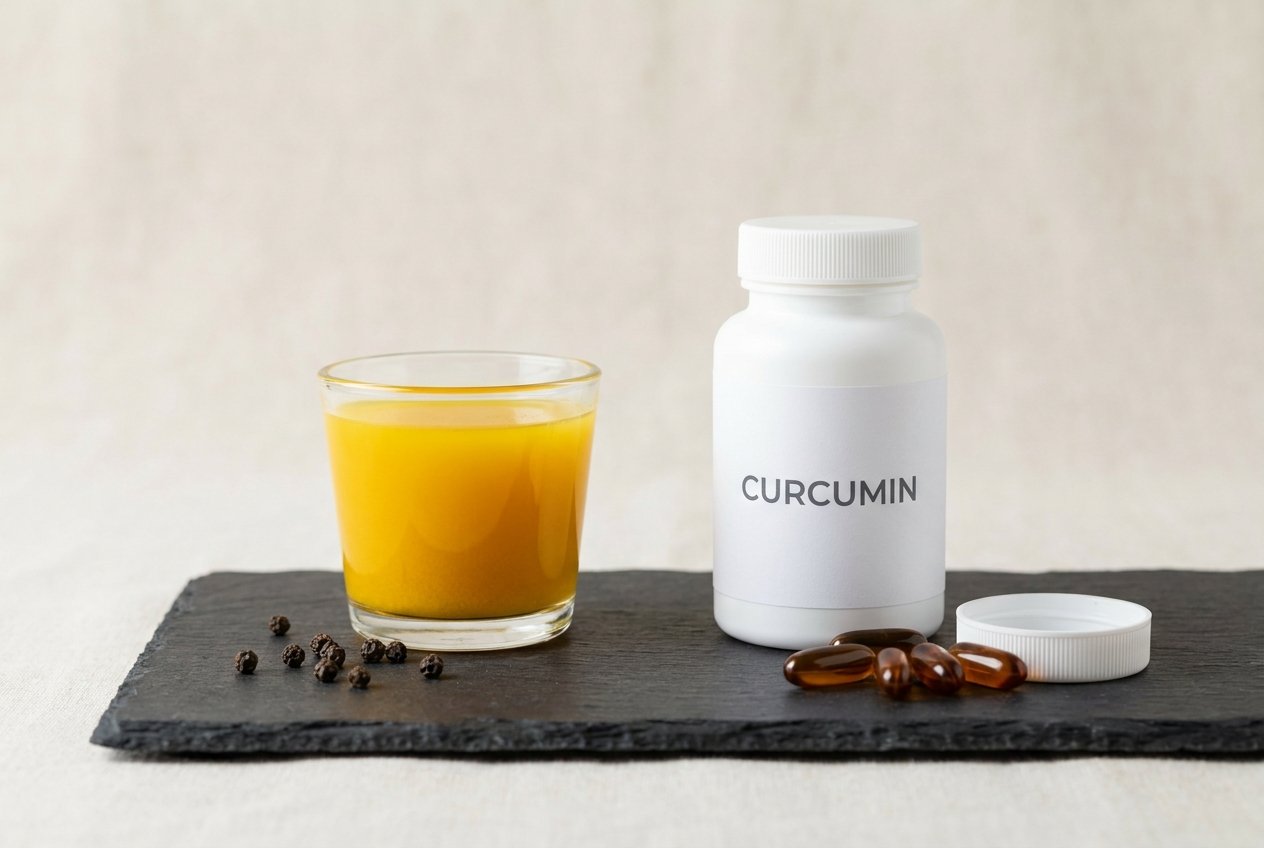 A glass of golden turmeric shot beside an open white supplement bottle labelled CURCUMIN, with amber softgels and black peppercorns on dark slate