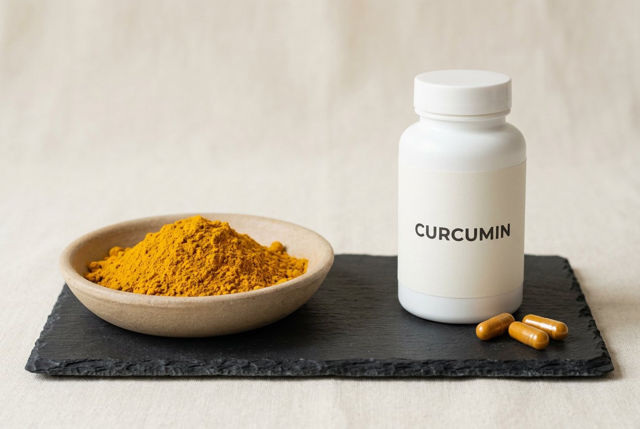 A ceramic dish of ground turmeric powder beside a white supplement bottle labelled CURCUMIN, on dark slate
